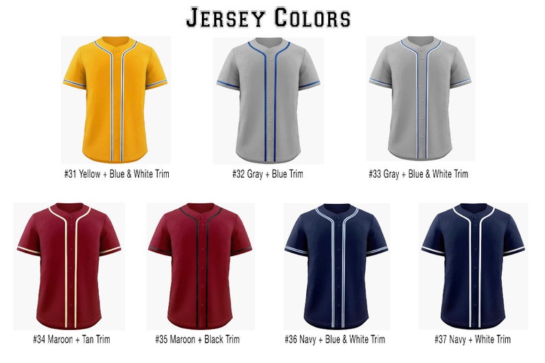 May include: A collection of seven short-sleeved button-down baseball jerseys in various colors including yellow, gray, maroon, and navy. Each jersey features contrasting trim on the collar, placket, and sleeves, labeled with numbers 31 through 37.