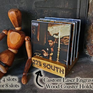 Custom Laser Engraved Coaster Holder, Coaster Stand, Coaster Rack, Coaster Display, 4 or 8 Slots, Any Color, Any Stain, Custom Engraved