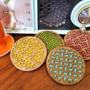 Laser Cut Coaster, Geometric Coaster, Double Layer Coaster, Set of 4, Retro Coaster, Boho Coaster, Wooden Coasters, Laser Engraved