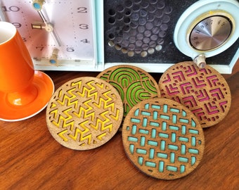 Laser Cut Coaster, Geometric Coaster, Double Layer Coaster, Set of 4, Retro Coaster, Boho Coaster, Wooden Coasters, Laser Engraved