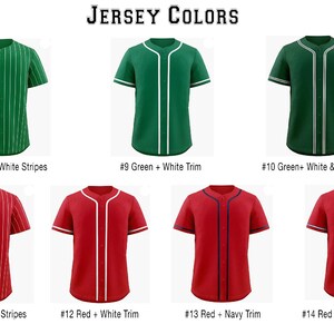 May include: A collection of seven short-sleeved button-down jerseys labeled JERSEY COLORS. The top row features green jerseys: #8 green with white stripes, #9 green with white trim, and #10 green with white and black trim. The bottom row shows red jerseys: #11 red with white stripes, #12 red with white trim, #13 red with navy trim, and #14 red with white and navy trim.