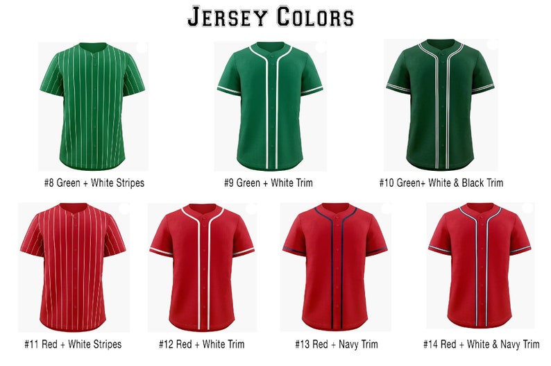 May include: A collection of seven short-sleeved button-down jerseys labeled JERSEY COLORS. The top row features green jerseys: #8 green with white stripes, #9 green with white trim, and #10 green with white and black trim. The bottom row shows red jerseys: #11 red with white stripes, #12 red with white trim, #13 red with navy trim, and #14 red with white and navy trim.