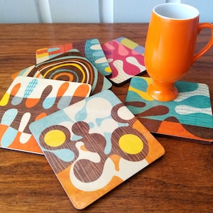 Set of 6 Mid Century Modern Coasters, Retro Coasters, Boho Coasters, Atomic Coasters, Organic Coasters, Brown Orange Teal, cork backs