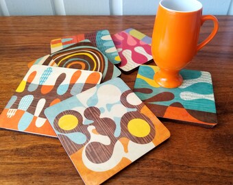 Set of 6 Mid Century Modern Coasters, Retro Coasters, Boho Coasters, Atomic Coasters, Organic Coasters, Brown Orange Teal, cork backs
