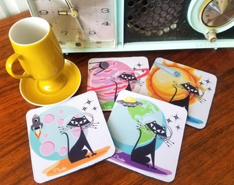 Set of 4 Square Rubber Neoprene Atomic Space Cats Mid-Century Modern Retro Cocktail Drink Bar Coasters  - original art - signed