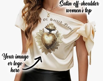 Custom Printed Women's Top, Logo Shirt, Personalized Shirt, Off-Soulder, Satin, Logo Clothes, Women's Blouse, Women's Shirt, Women's Gift