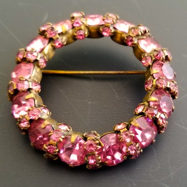 STUNNING Vintage Antique 1-3/4" Dark Pink and Bronze Rhinestone Circle Brooch signed WARNER