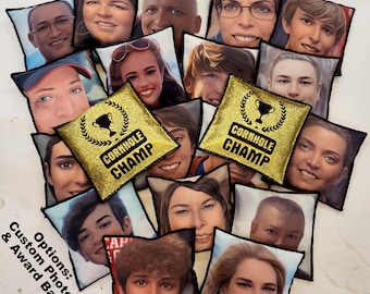 May include: A collection of personalized cornhole bags with various photos of people. The bags are made of canvas and have a black and gold design with the text "Cornhole Champ".
