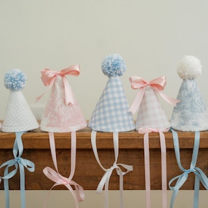 Stuffed Animal Party Hats – Set of 5 Grandmillennial Toile and Seersucker Hats