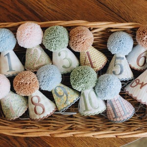 May include: A collection of cone-shaped party hats in a wicker basket. Each hat features a different number from one to eleven, embroidered in various colors, and is topped with a large, fluffy pom-pom in coordinating pastel shades.