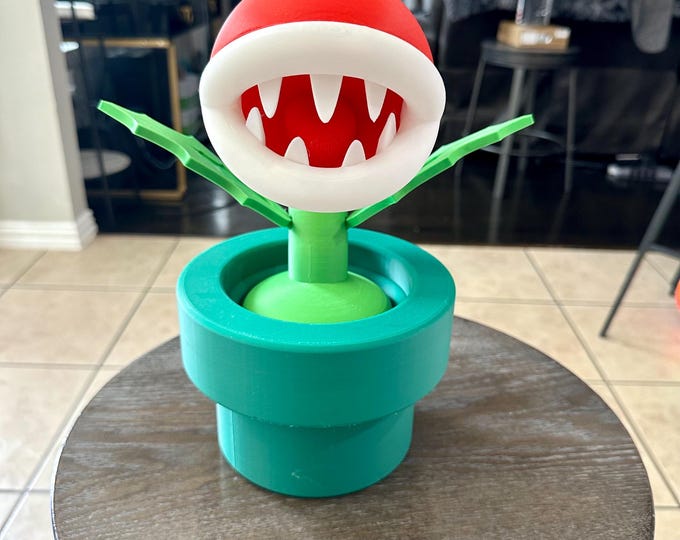 3D Printed Piranha Plant Figure: Mario Fan Art Decor with Optional Brick Base