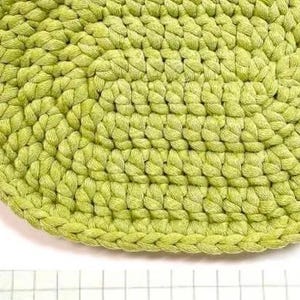 May include: An oval-shaped lime green crocheted mat with a visible braided texture. Below the mat is a hand-drawn diagram on grid paper, illustrating the oval crochet pattern with numbers indicating stitch counts for each round of the design.