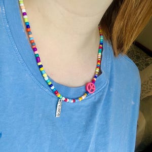 Multicolor Seed Beed Peace Charm Necklace