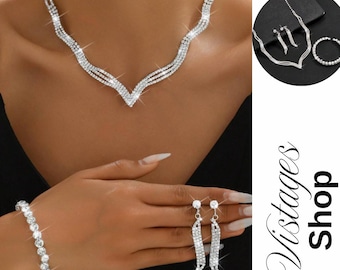 Set di gioielli da sposa in argento con strass, 4 pezzi / collana, orecchini, bracciale per matrimonio, gioielli da donna, regalo da donna, gioielli in argento