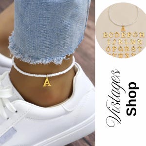 Tobillera personalizada con cuentas y letras: 26 opciones de iniciales doradas, cuentas de arroz blanco, joyería de verano para mujer