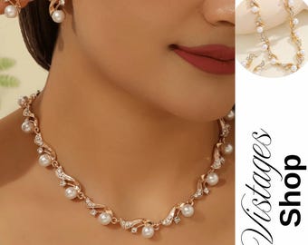 Conjunto de 3 piezas de joyas de gota de agua doradas / Elegante collar y pendientes de circonita cúbica para bodas, joyería para mujer, regalo para mujer, joyería de regalo