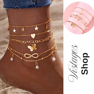4pcs Elegant Faux Pearl Anklet Set – Heart and Butterfly Pendants | Gold Boho Foot Jewelry for Beach & Daily Wear