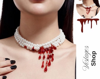 Collar con borla de sangre de terror de Halloween: gargantilla gótica multicapa de perla y cristal rojo, joyería de vampiro espeluznante para mujer, joyería de Halloween
