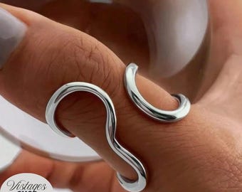 Silver Wavy Open Ring Stainless Steel Adjustable Band