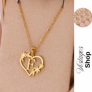 Collar con colgante de rosa y corazón personalizado de la A a la Z / Regalo de joyería de acero inoxidable para pareja