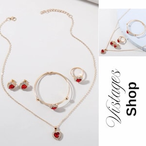 Conjunto de 5 joyas con diamantes de imitación y corazón rojo. Elegante regalo de San Valentín para mujer.
