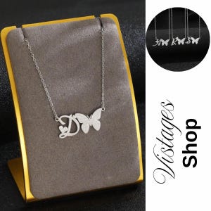 Elegante collar con colgante de mariposa y letra / Collar con inicial de acero inoxidable arenado en plata para mujer
