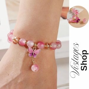 Pink Butterfly Beaded Bracelet – Sexy Glass Charm Jewelry for Women | Rhinestone Detail, Daily Accessory