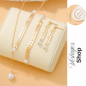 Conjunto de 4 joias com pérolas artificiais para mulheres | Colar elegante de ouro ou prata, pulseira, brincos, joias femininas, presente feminino