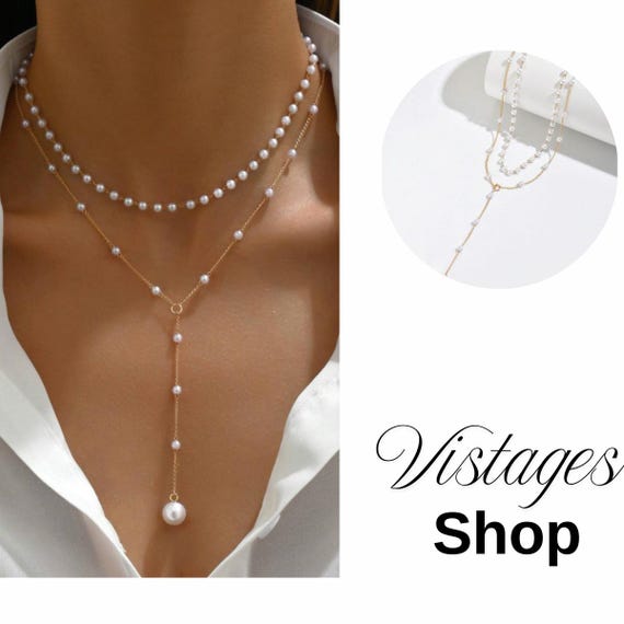 Gold Y-layered Pearl Necklace Elegant Rhinestone Chain for Women