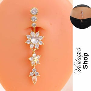 Floral Navel Piercing with Cubic Zirconia – Gold, Silver or Pink Belly Button Ring | Stainless Steel Body Jewelry for Women