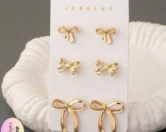 Gold Bow Stud Earrings Set Minimalist Bowknot Jewelry