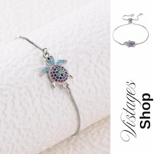 Turtle Charm CZ Bracelet | Adjustable Gold or Silver Sea Turtle Bracelet for Women