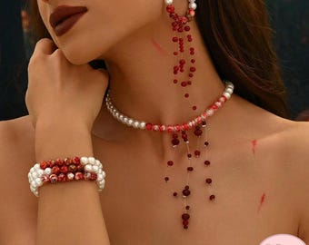 Conjunto de joyas góticas con gotas de sangre: collar, pendientes y pulsera de perlas con borlas de sangre de Halloween / Accesorios de disfraz espeluznantes para mujer, regalo para