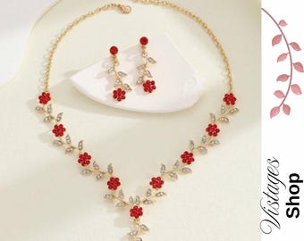 Set di 3 gioielli vintage con fiori di prugna rossi / collana e orecchini con strass / eleganti accessori da sposa per donna, regalo per donna