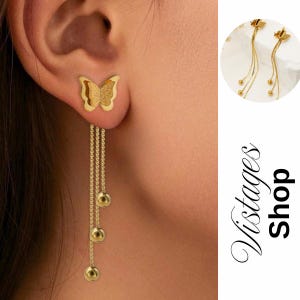 Butterfly Chain Earrings for Women – 1 Pair Gold Stainless Steel Drop Studs | Elegant Daily Jewelry Gift