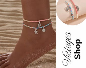 2pcs Scallop & Starfish Beaded Anklet Set – Colorful Boho Beach Jewelry for Women, Women Jewelry, Women Gift, Women for Anklet