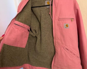 Pink Cotton Canvas Hooded Jacket – Vintage Workwear Streetwear Zip Up Coat