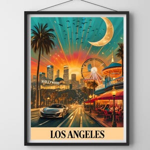 Retro Los Angeles Wall Art Print – Vibrant Hollywood Skyline, Sunset, Palm Trees, Ferris Wheel – LA City Poster, California Travel Decor
