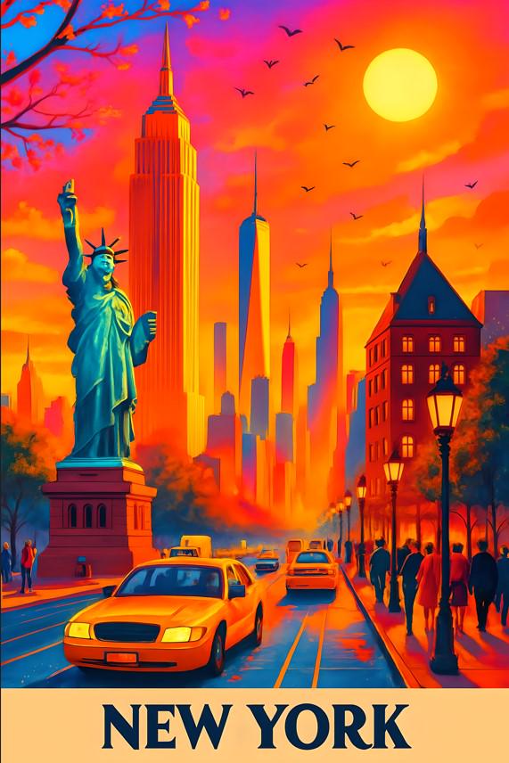 New York City Wall Art – Vibrant NYC Skyline Poster With Statue of