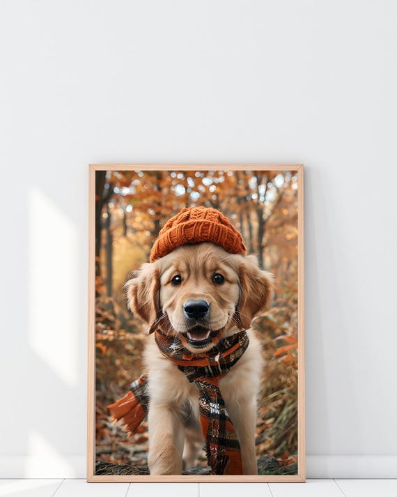 Autumn Dogs With Scarves Fall Puppy Wall Art Printable Golden