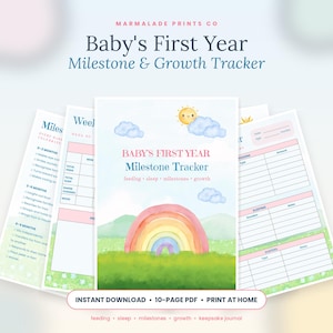 Könnte beinhalten: Ein druckbares Baby's First Year Milestone & Growth Tracker Set mit einer Aquarellillustration von einem Regenbogen, Wolken und einer Sonne. Die Seiten enthalten Abschnitte zur Erfassung von Fütterung, Schlaf, Meilensteinen und Wachstum.