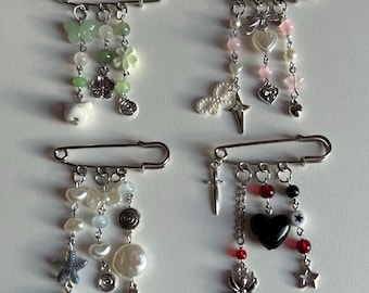 Cute Silver Safety Pin Charms | Bag Charms | Cottagecore Green , Coquette Pink, Goth Black, Mermaidcore Blue