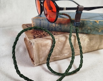 Raw Leather Eyeglass Cord – Braided Green Glasses Strap with Durable Tips