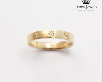 Starry Diamond Wedding Band | 925 Sterling Silver Ring with Engraved Stars | Celestial Silver Stacking Ring | Unique Silver Band for Her