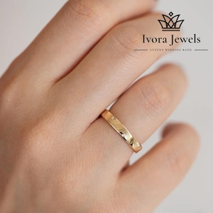 Engraved Diamond Ring | Wavy Wedding Band | Unique Gold Stacking Ring | Dainty Diamond Band | Curved Bridal Ring | Anniversary Gift