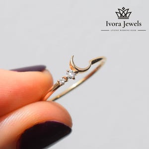 Diamond Moon Ring: Dainty Celestial Sterling Silver Jewelry