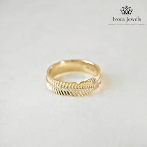Golden Feather Diamond Band | Elegant Gold & Diamond Ring | Unique Feather Design Band | Dainty Gift Ring for Her | Fine Jewelry Gift Idea