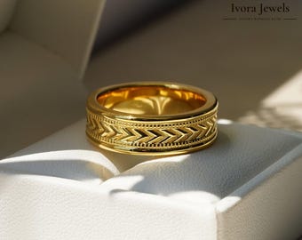 Arrow Pattern Men’s Wedding Band | Sterling Silver Gold Plated | Modern Groom Ring