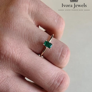 Emerald Cut Green Solitaire Ring: 925 Sterling Silver Minimalist Band