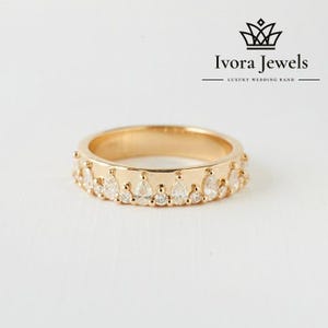 Pear and Round Cut Moissanite Band Ring | Unique Gold Stacking Ring for Women | Dainty Half Eternity Anniversary Ring | Wedding Jewelry